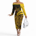 Personalised Hawthorn Hawks Football Off The Shoulder Long Sleeve Dress Australian City Skyline Graphic Fierce Mascot Art