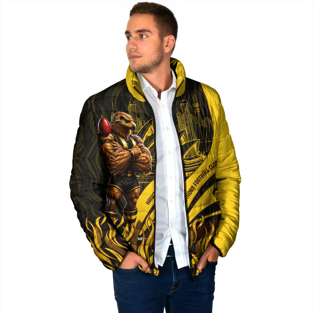 Personalised Hawthorn Hawks Football Padded Jacket Australian City Skyline Graphic Fierce Mascot Art