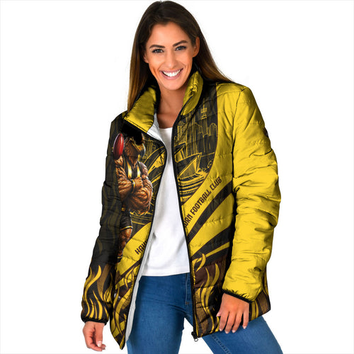 Personalised Hawthorn Hawks Football Padded Jacket Australian City Skyline Graphic Fierce Mascot Art
