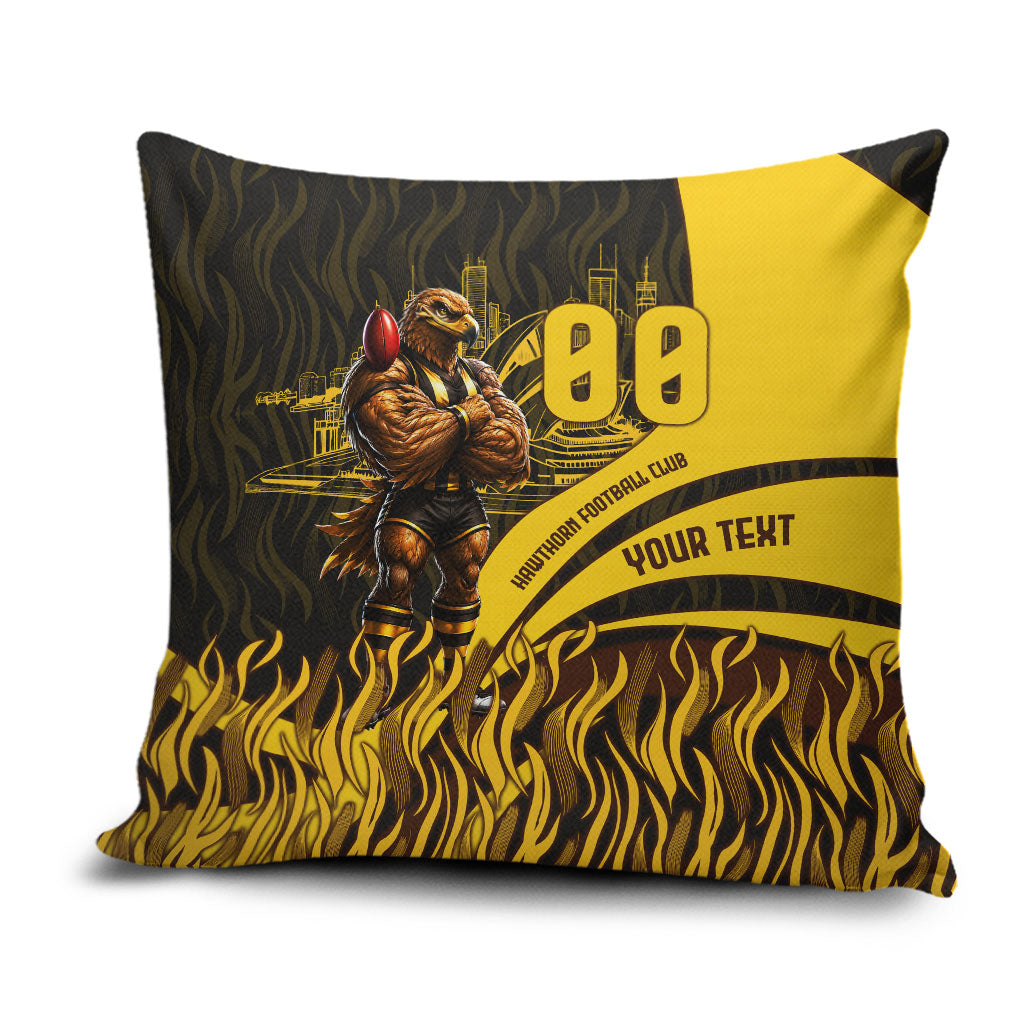 Personalised Hawthorn Hawks Football Pillow Cover Australian City Skyline Graphic Fierce Mascot Art