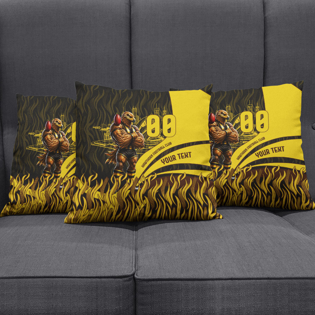 Personalised Hawthorn Hawks Football Pillow Cover Australian City Skyline Graphic Fierce Mascot Art