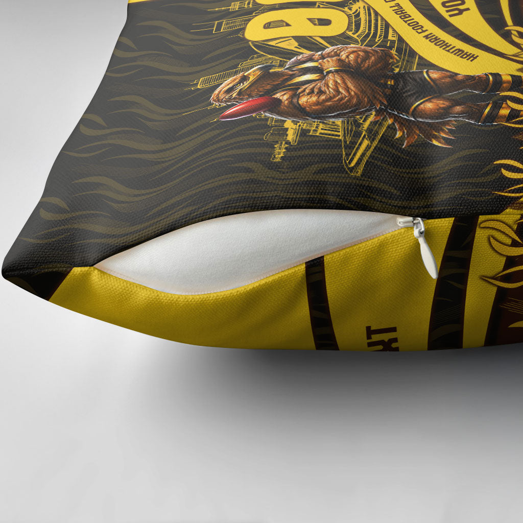 Personalised Hawthorn Hawks Football Pillow Cover Australian City Skyline Graphic Fierce Mascot Art