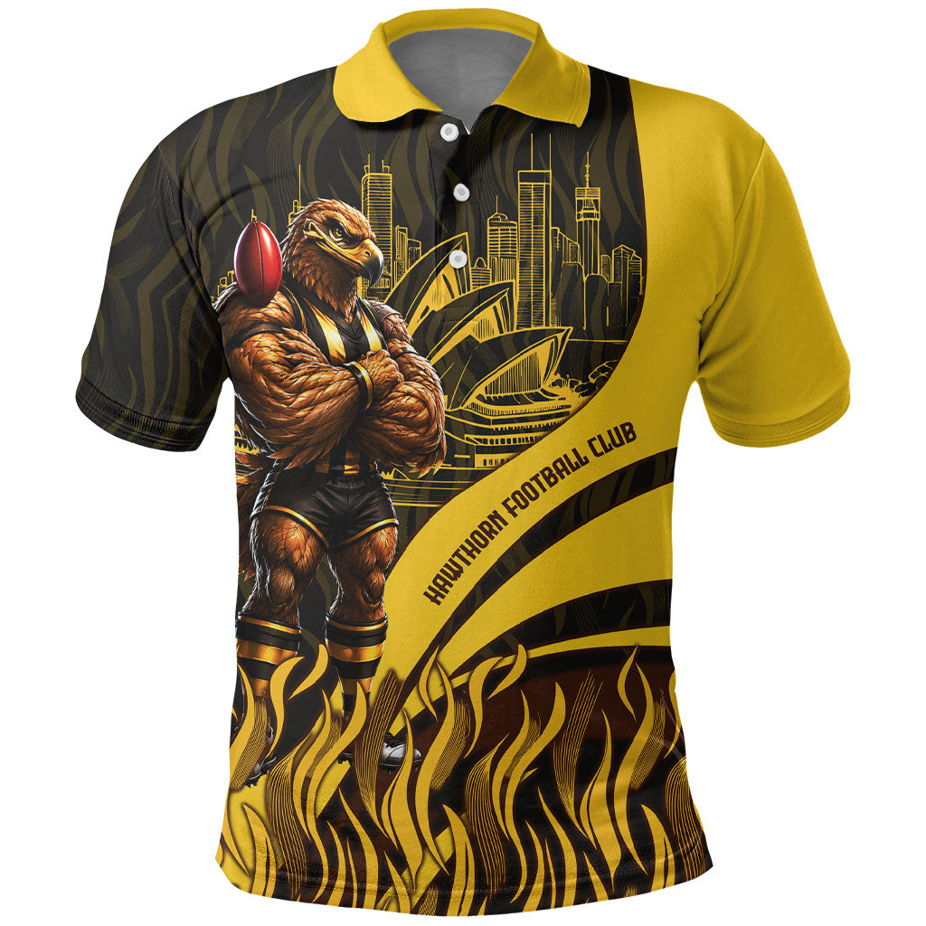 Personalised Hawthorn Hawks Football Polo Shirt Australian City Skyline Graphic Fierce Mascot Art