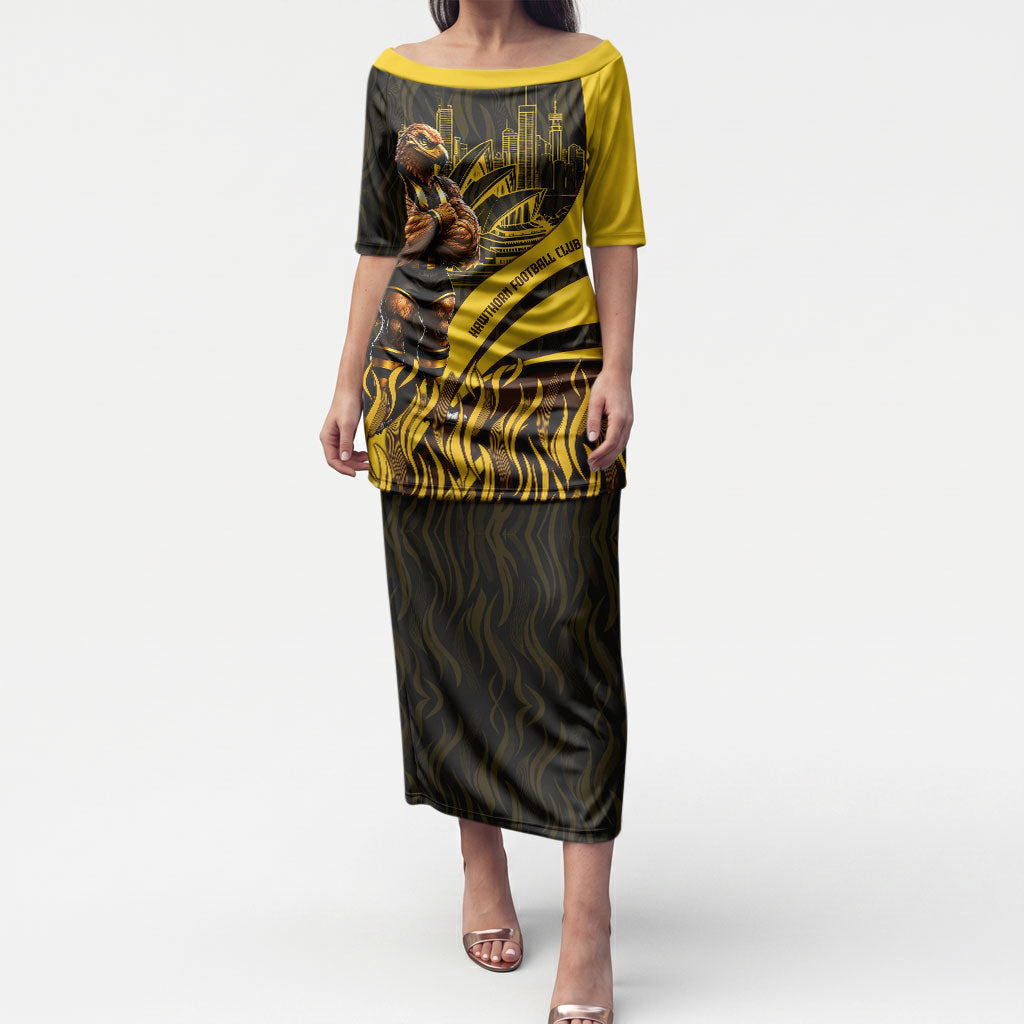 Personalised Hawthorn Hawks Football Puletasi Australian City Skyline Graphic Fierce Mascot Art