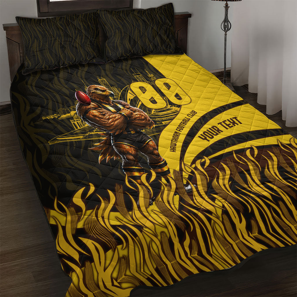 Personalised Hawthorn Hawks Football Quilt Bed Set Australian City Skyline Graphic Fierce Mascot Art