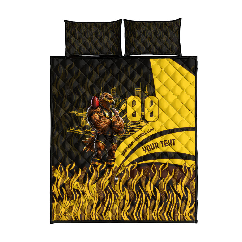 Personalised Hawthorn Hawks Football Quilt Bed Set Australian City Skyline Graphic Fierce Mascot Art