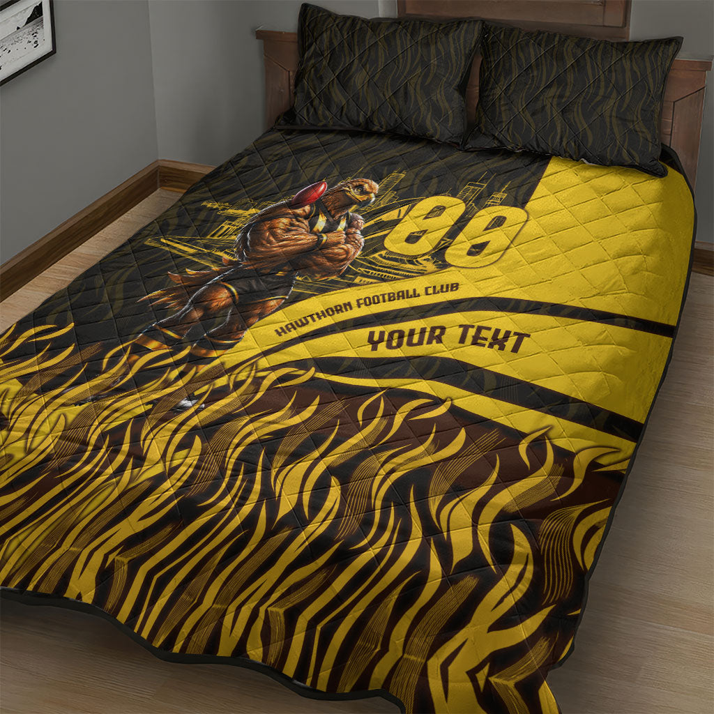 Personalised Hawthorn Hawks Football Quilt Bed Set Australian City Skyline Graphic Fierce Mascot Art