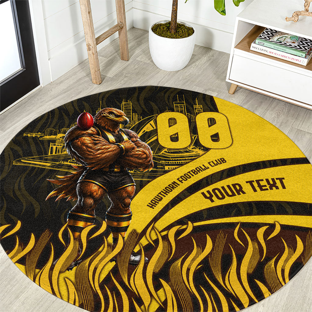 Personalised Hawthorn Hawks Football Round Carpet Australian City Skyline Graphic Fierce Mascot Art