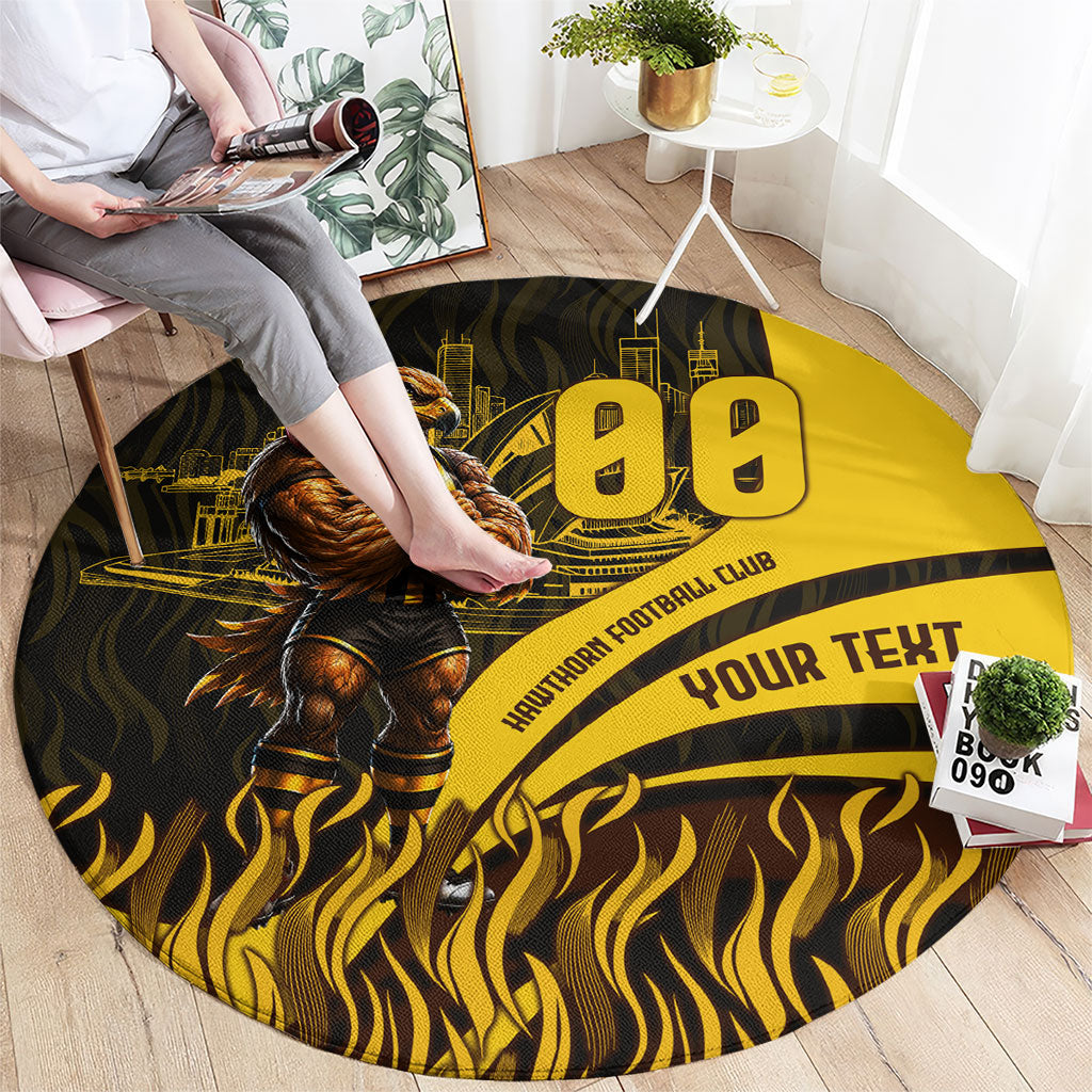 Personalised Hawthorn Hawks Football Round Carpet Australian City Skyline Graphic Fierce Mascot Art
