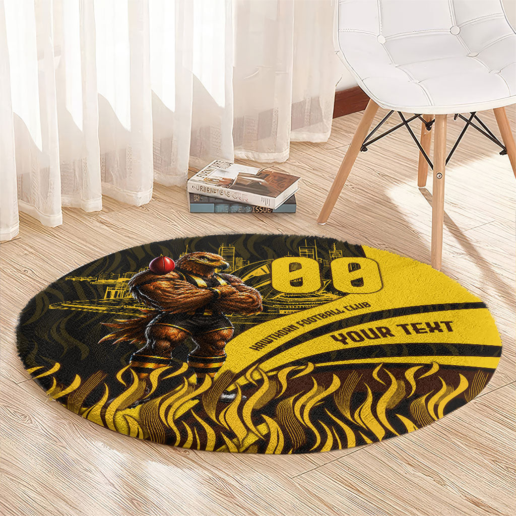 Personalised Hawthorn Hawks Football Round Carpet Australian City Skyline Graphic Fierce Mascot Art