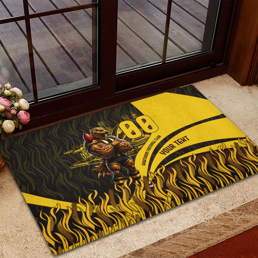 Personalised Hawthorn Hawks Football Rubber Doormat Australian City Skyline Graphic Fierce Mascot Art