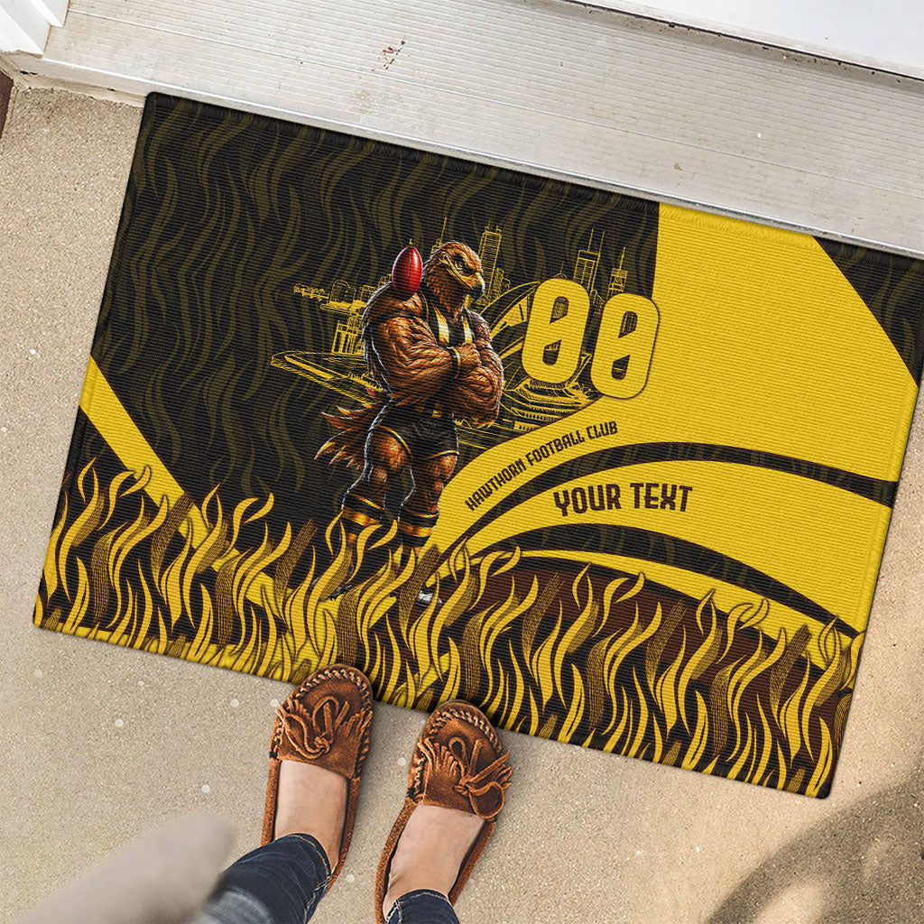 Personalised Hawthorn Hawks Football Rubber Doormat Australian City Skyline Graphic Fierce Mascot Art