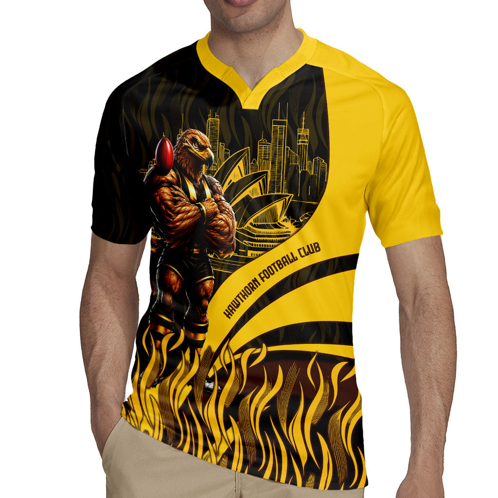 Personalised Hawthorn Hawks Football Rugby Jersey Australian City Skyline Graphic Fierce Mascot Art