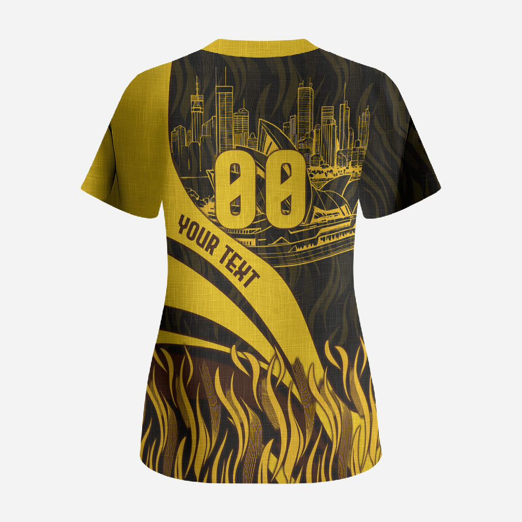 Personalised Hawthorn Hawks Football Scrub Top Australian City Skyline Graphic Fierce Mascot Art