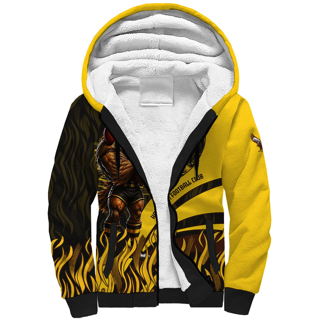 Personalised Hawthorn Hawks Football Sherpa Hoodie Australian City Skyline Graphic Fierce Mascot Art