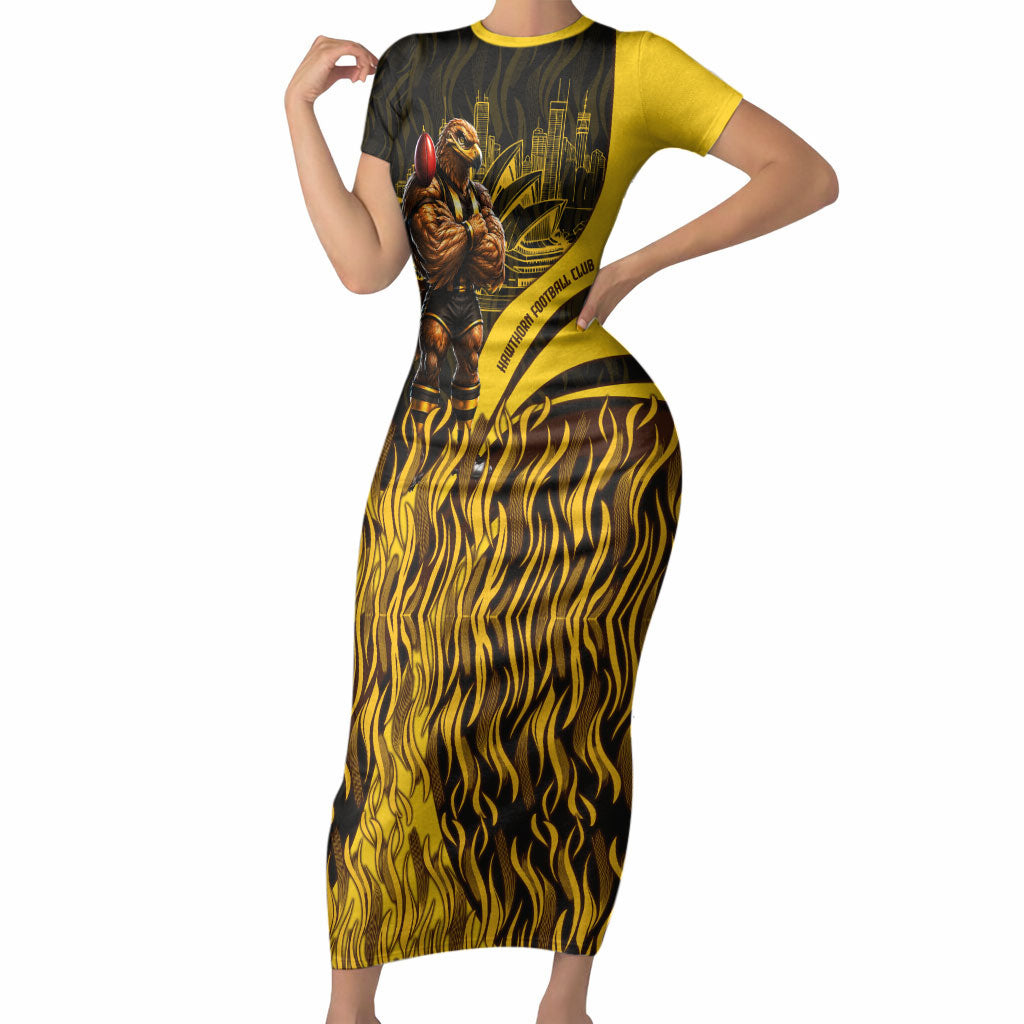 Personalised Hawthorn Hawks Football Short Sleeve Bodycon Dress Australian City Skyline Graphic Fierce Mascot Art
