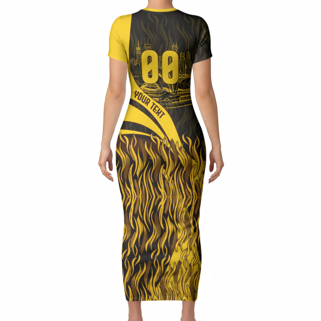 Personalised Hawthorn Hawks Football Short Sleeve Bodycon Dress Australian City Skyline Graphic Fierce Mascot Art