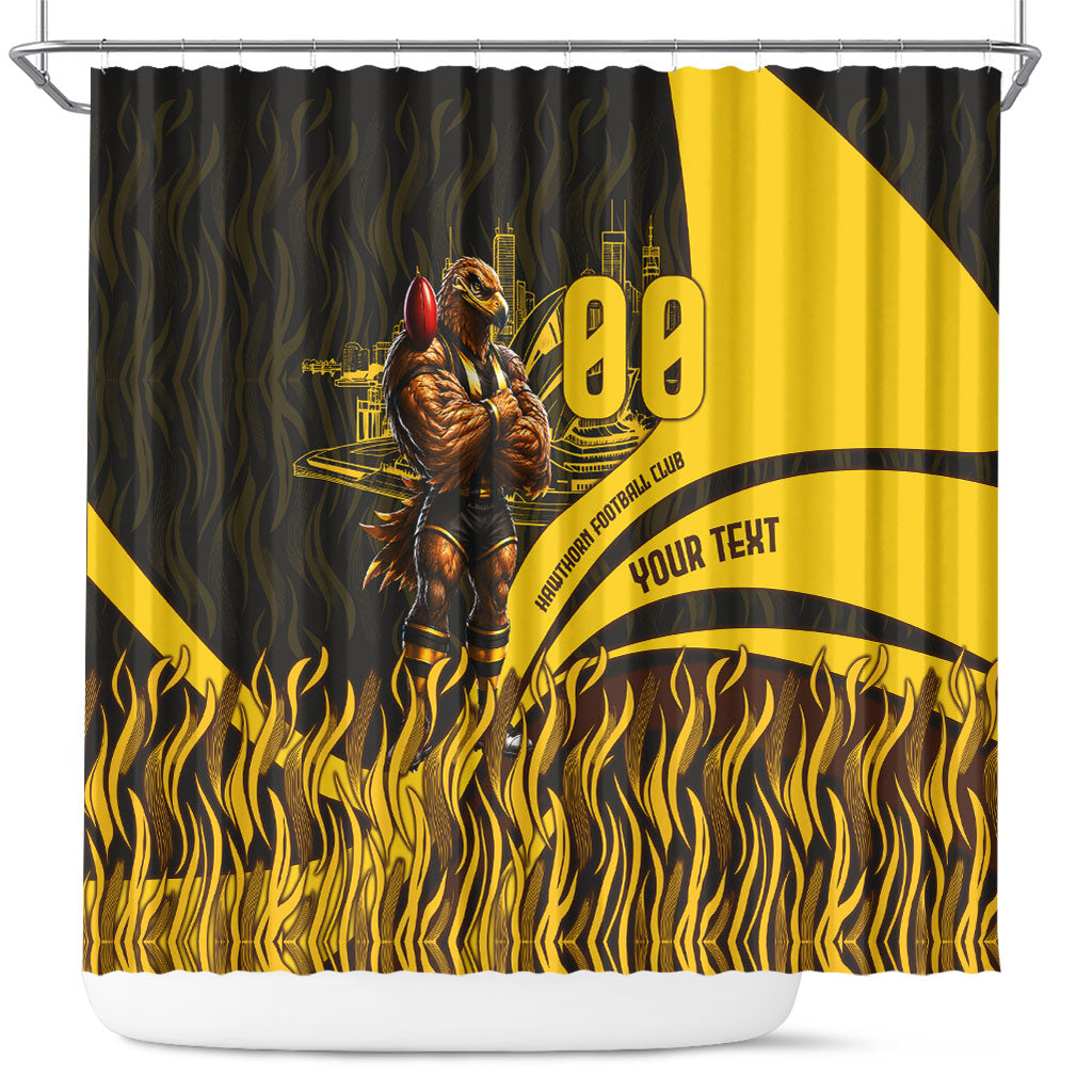 Personalised Hawthorn Hawks Football Shower Curtain Australian City Skyline Graphic Fierce Mascot Art