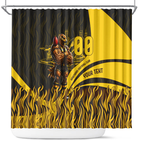 Personalised Hawthorn Hawks Football Shower Curtain Australian City Skyline Graphic Fierce Mascot Art
