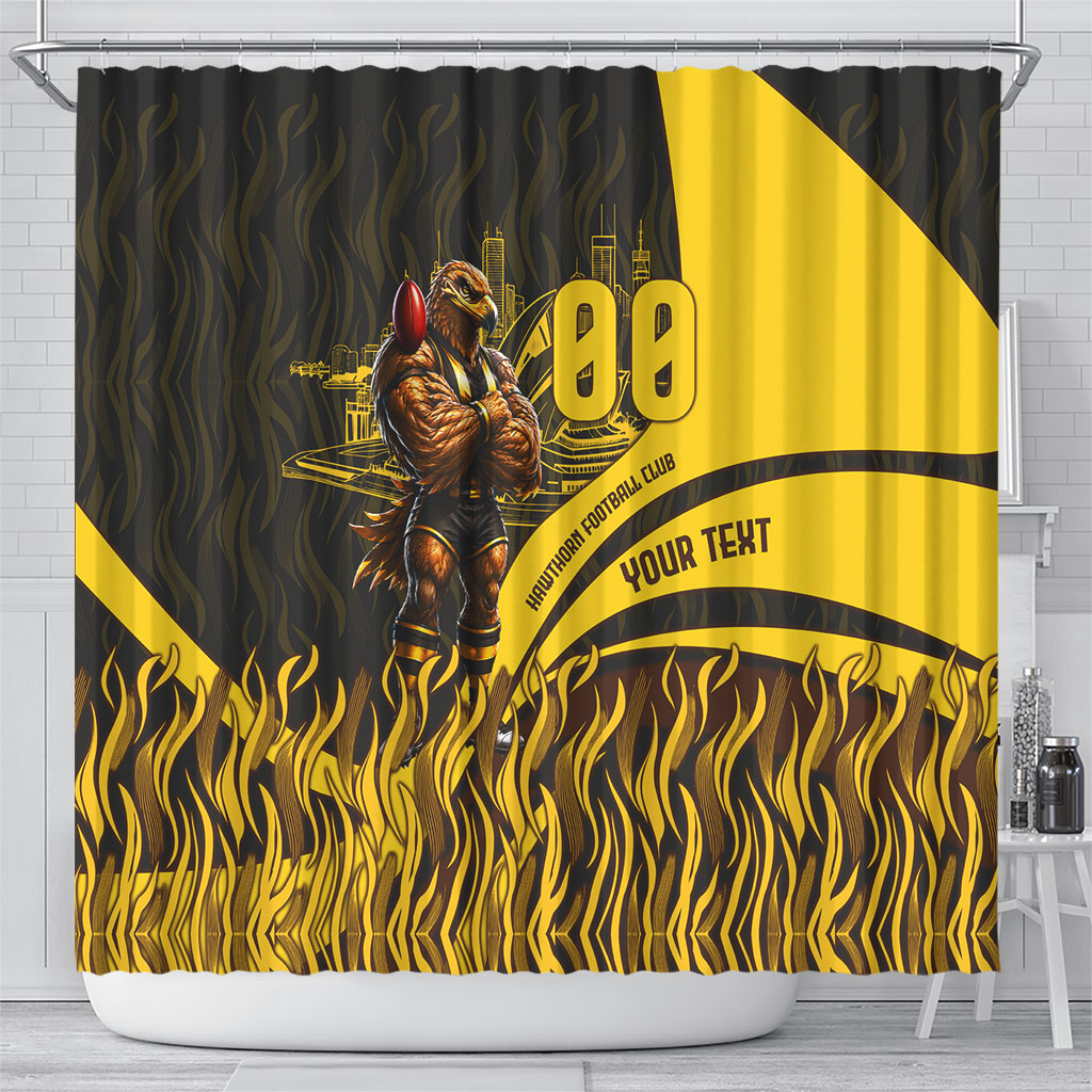 Personalised Hawthorn Hawks Football Shower Curtain Australian City Skyline Graphic Fierce Mascot Art