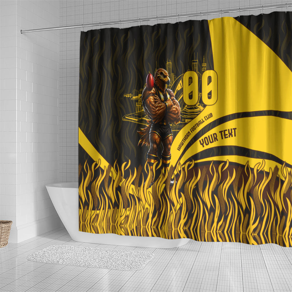 Personalised Hawthorn Hawks Football Shower Curtain Australian City Skyline Graphic Fierce Mascot Art