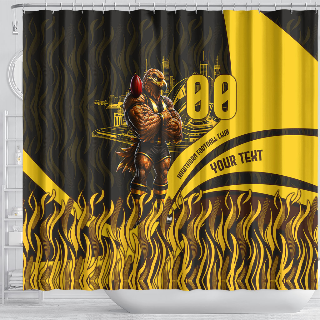 Personalised Hawthorn Hawks Football Shower Curtain Australian City Skyline Graphic Fierce Mascot Art