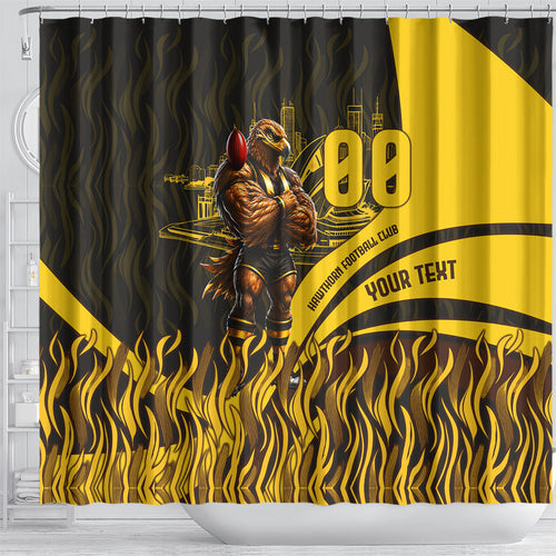 Personalised Hawthorn Hawks Football Shower Curtain Australian City Skyline Graphic Fierce Mascot Art