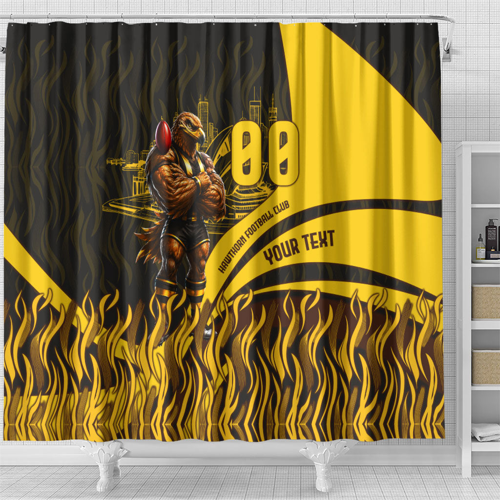 Personalised Hawthorn Hawks Football Shower Curtain Australian City Skyline Graphic Fierce Mascot Art