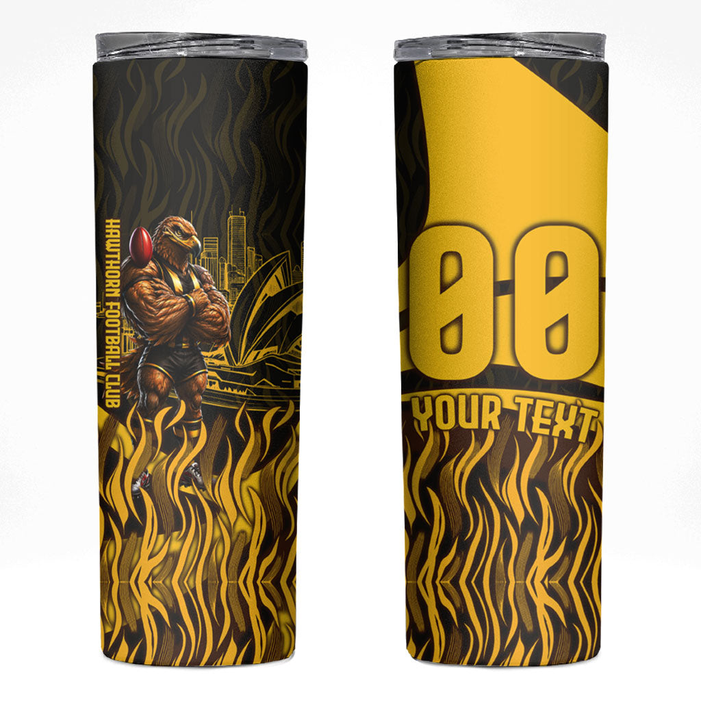Personalised Hawthorn Hawks Football Skinny Tumbler Australian City Skyline Graphic Fierce Mascot Art