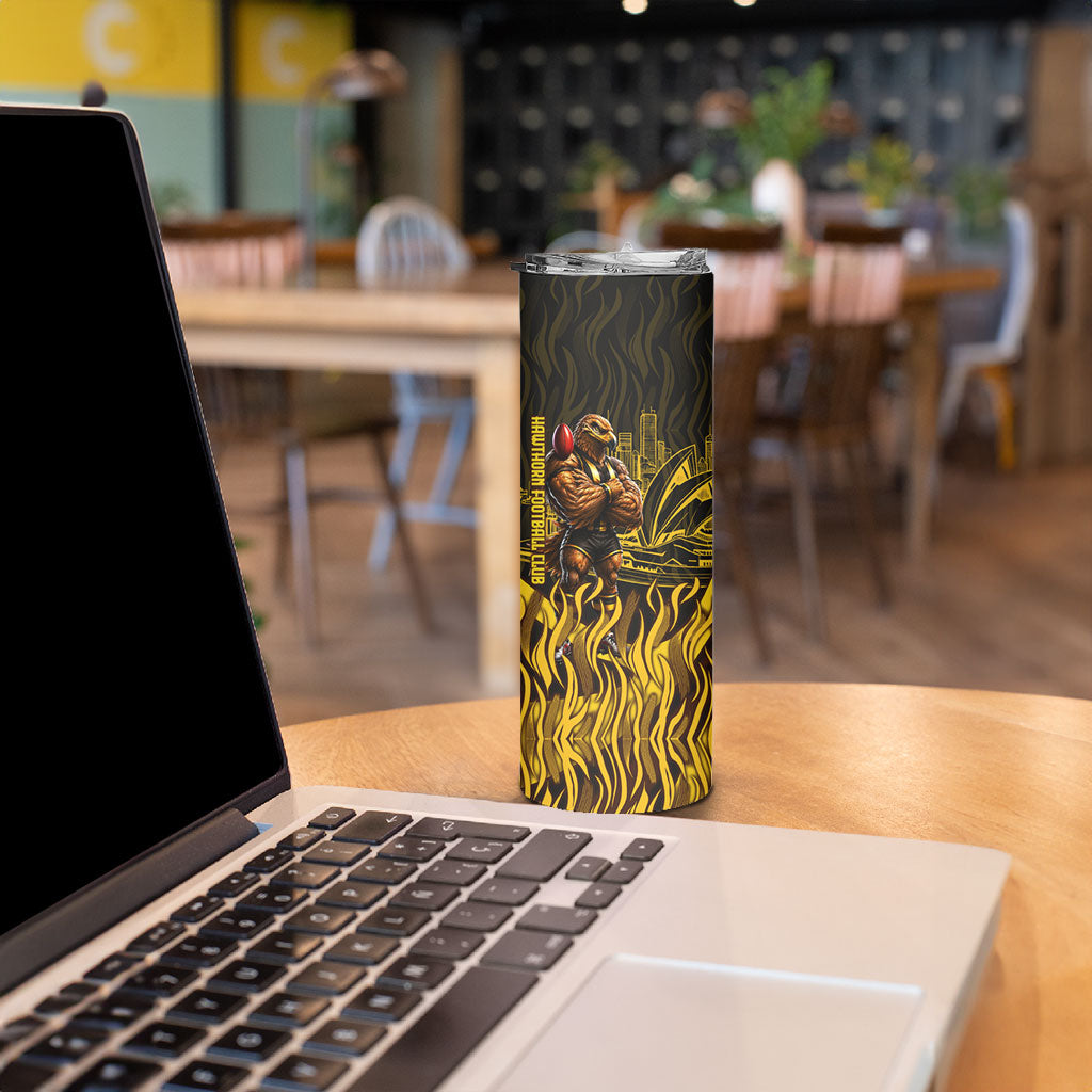Personalised Hawthorn Hawks Football Skinny Tumbler Australian City Skyline Graphic Fierce Mascot Art