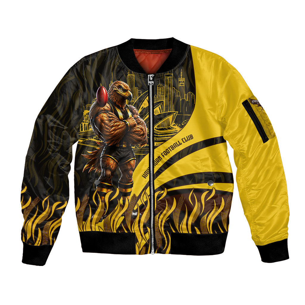 Personalised Hawthorn Hawks Football Sleeve Zip Bomber Jacket Australian City Skyline Graphic Fierce Mascot Art