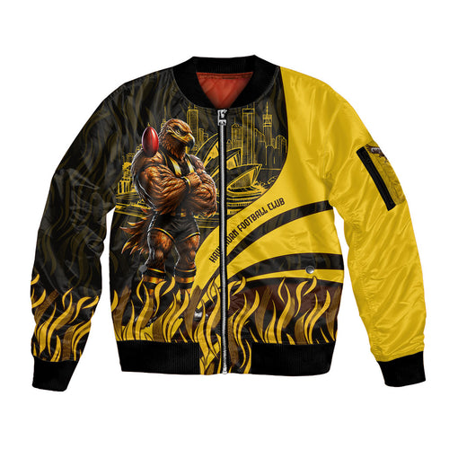 Personalised Hawthorn Hawks Football Sleeve Zip Bomber Jacket Australian City Skyline Graphic Fierce Mascot Art