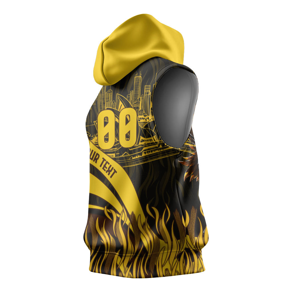 Personalised Hawthorn Hawks Football Sleeveless Hoodie Australian City Skyline Graphic Fierce Mascot Art