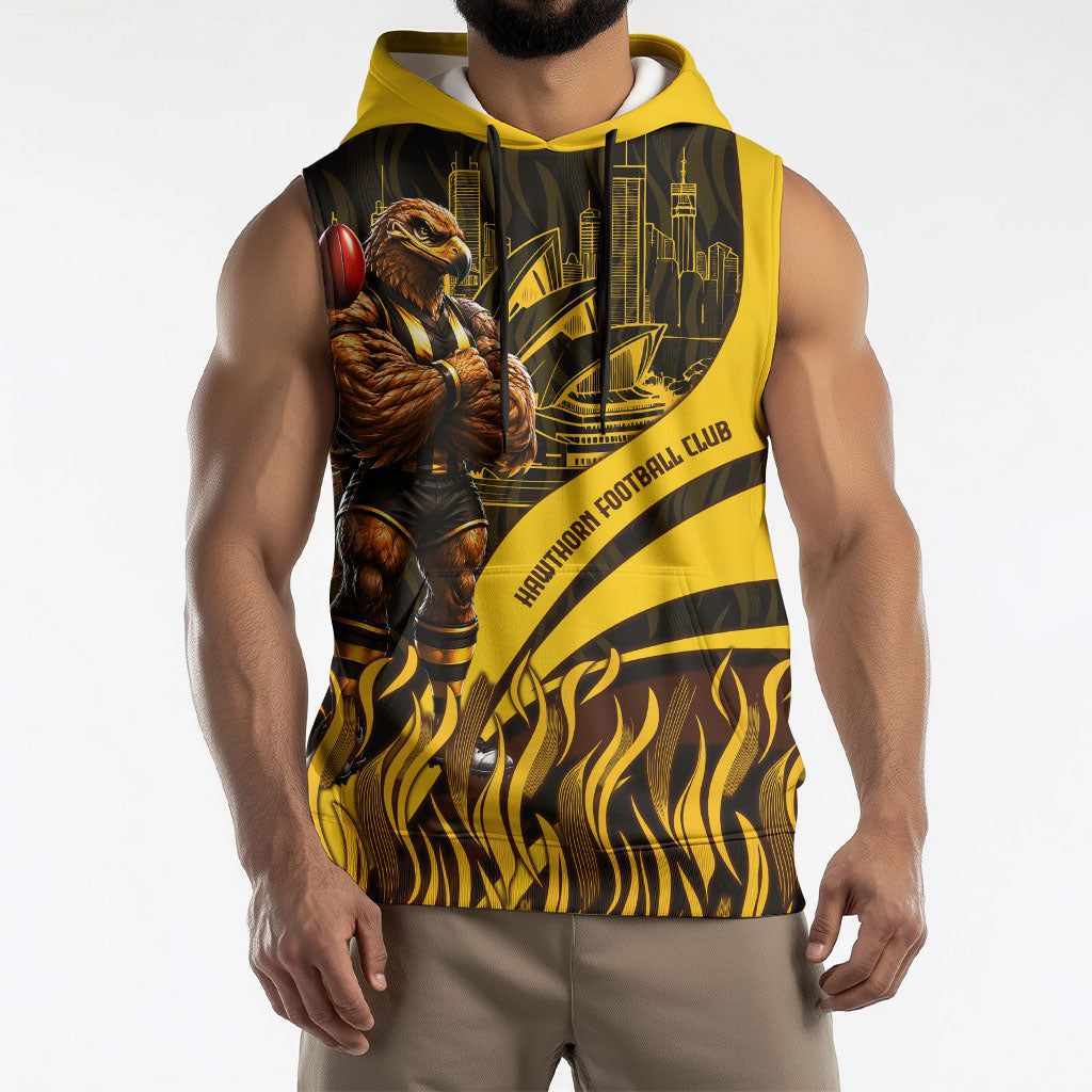 Personalised Hawthorn Hawks Football Sleeveless Hoodie Australian City Skyline Graphic Fierce Mascot Art