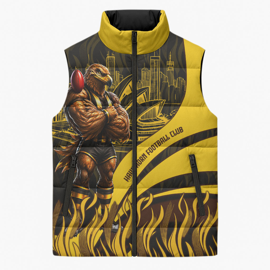 Personalised Hawthorn Hawks Football Sleeveless Puffer Jacket Australian City Skyline Graphic Fierce Mascot Art