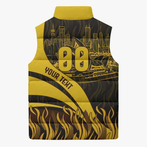 Personalised Hawthorn Hawks Football Sleeveless Puffer Jacket Australian City Skyline Graphic Fierce Mascot Art