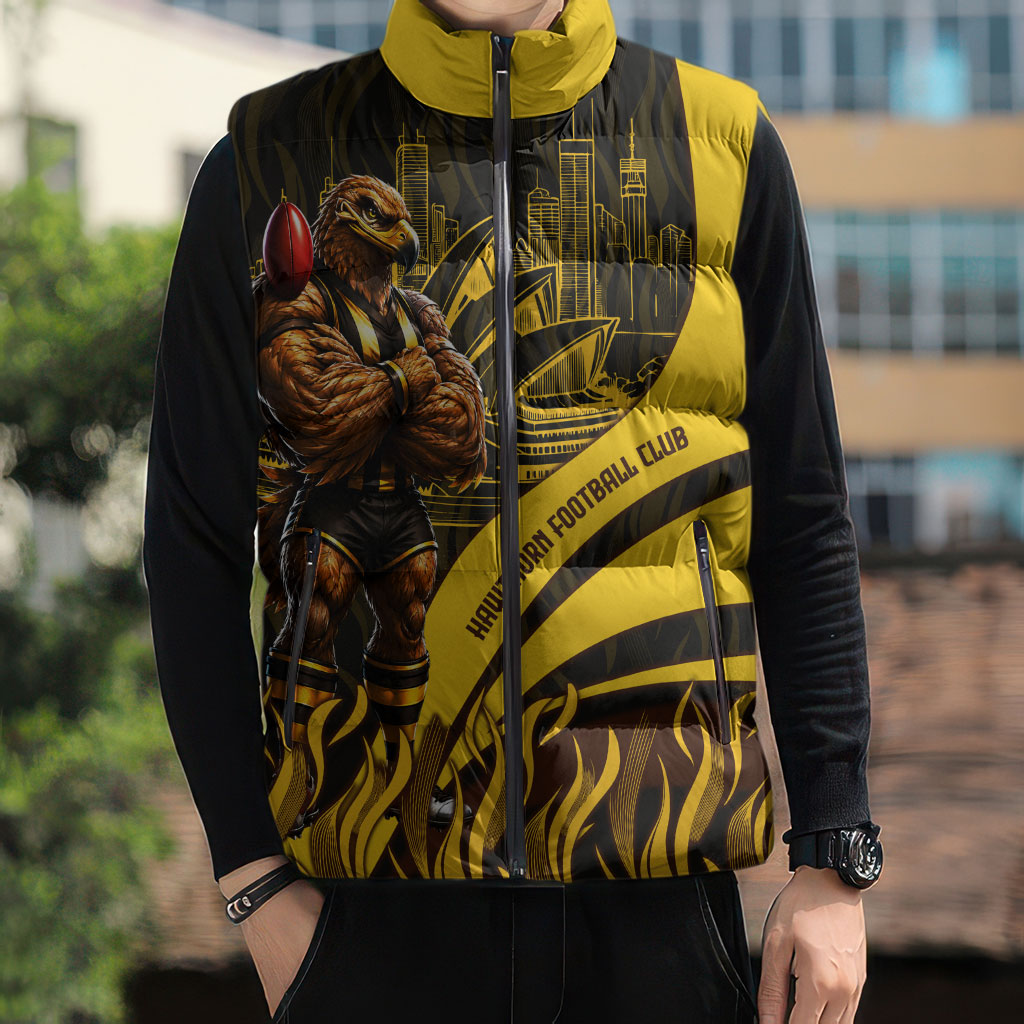 Personalised Hawthorn Hawks Football Sleeveless Puffer Jacket Australian City Skyline Graphic Fierce Mascot Art
