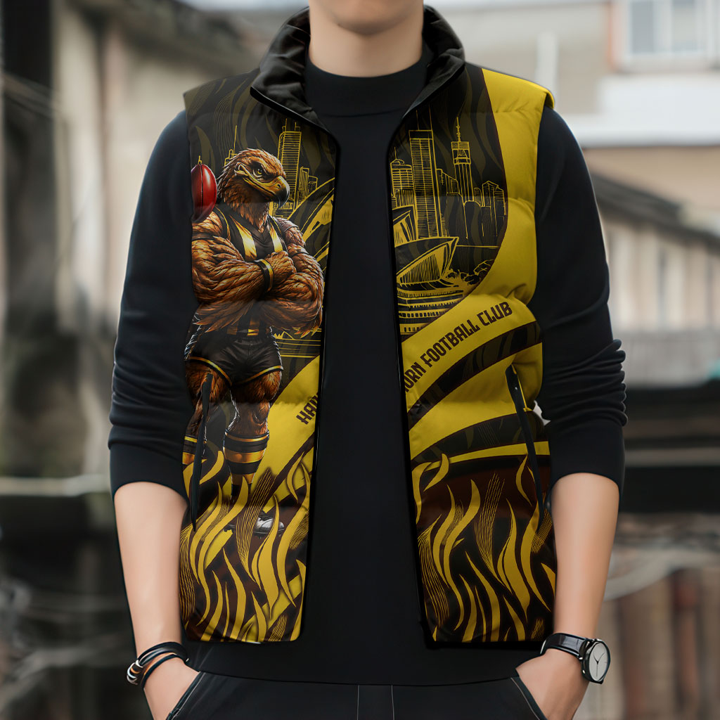 Personalised Hawthorn Hawks Football Sleeveless Puffer Jacket Australian City Skyline Graphic Fierce Mascot Art
