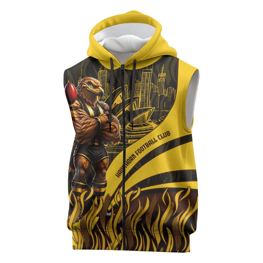 Personalised Hawthorn Hawks Football Sleeveless Zip Hoodie Australian City Skyline Graphic Fierce Mascot Art