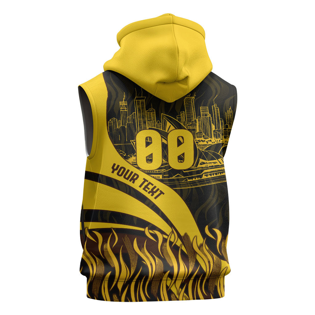 Personalised Hawthorn Hawks Football Sleeveless Zip Hoodie Australian City Skyline Graphic Fierce Mascot Art