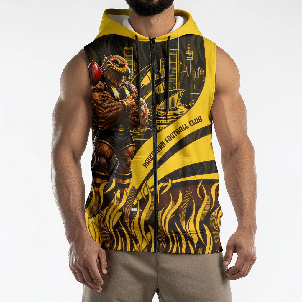 Personalised Hawthorn Hawks Football Sleeveless Zip Hoodie Australian City Skyline Graphic Fierce Mascot Art