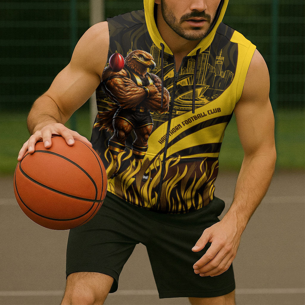 Personalised Hawthorn Hawks Football Sleeveless Zip Hoodie Australian City Skyline Graphic Fierce Mascot Art