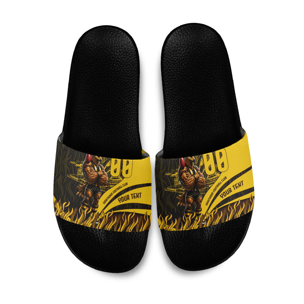 Personalised Hawthorn Hawks Football Slide Sandals Australian City Skyline Graphic Fierce Mascot Art