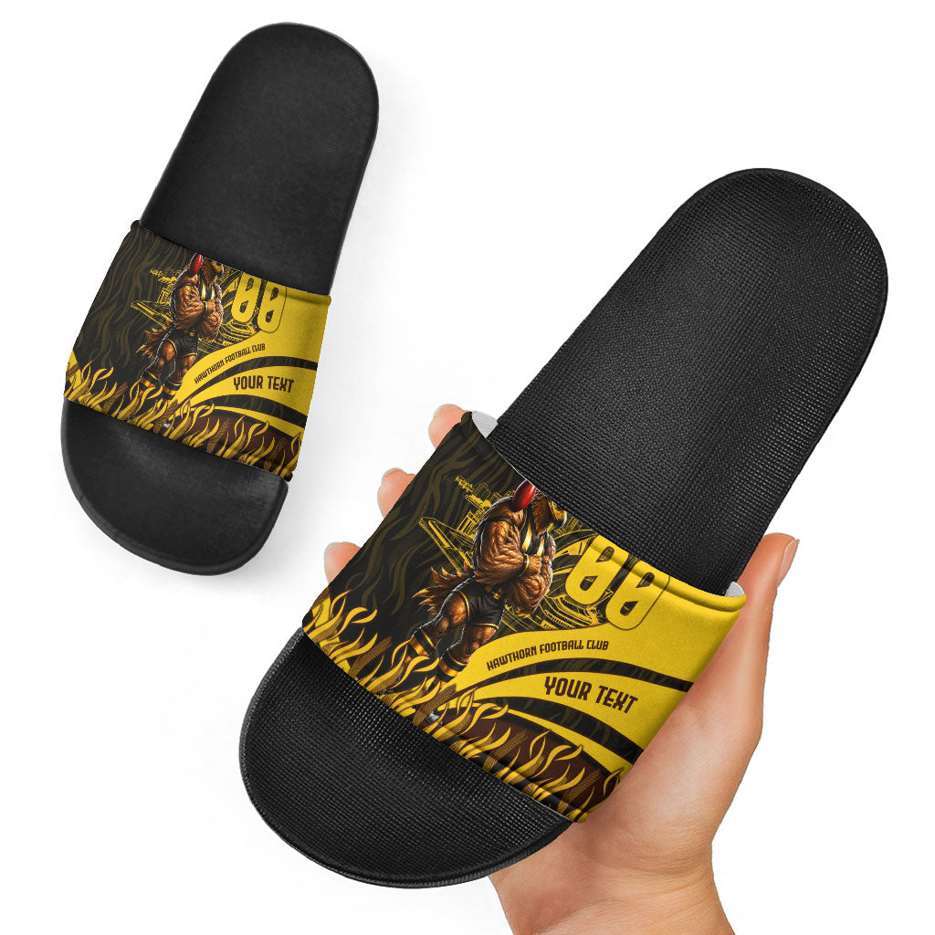 Personalised Hawthorn Hawks Football Slide Sandals Australian City Skyline Graphic Fierce Mascot Art
