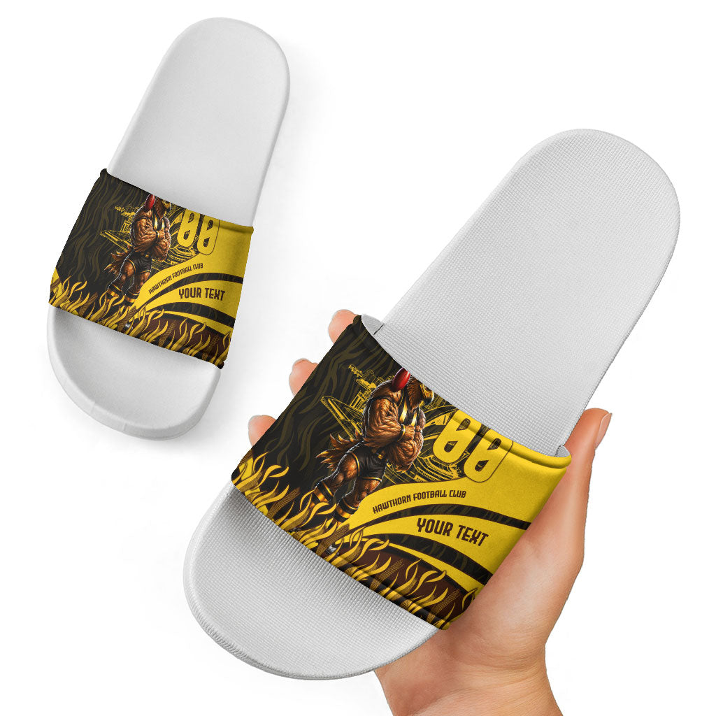 Personalised Hawthorn Hawks Football Slide Sandals Australian City Skyline Graphic Fierce Mascot Art