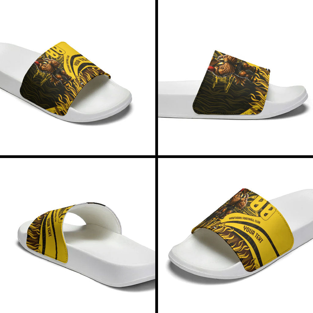 Personalised Hawthorn Hawks Football Slide Sandals Australian City Skyline Graphic Fierce Mascot Art