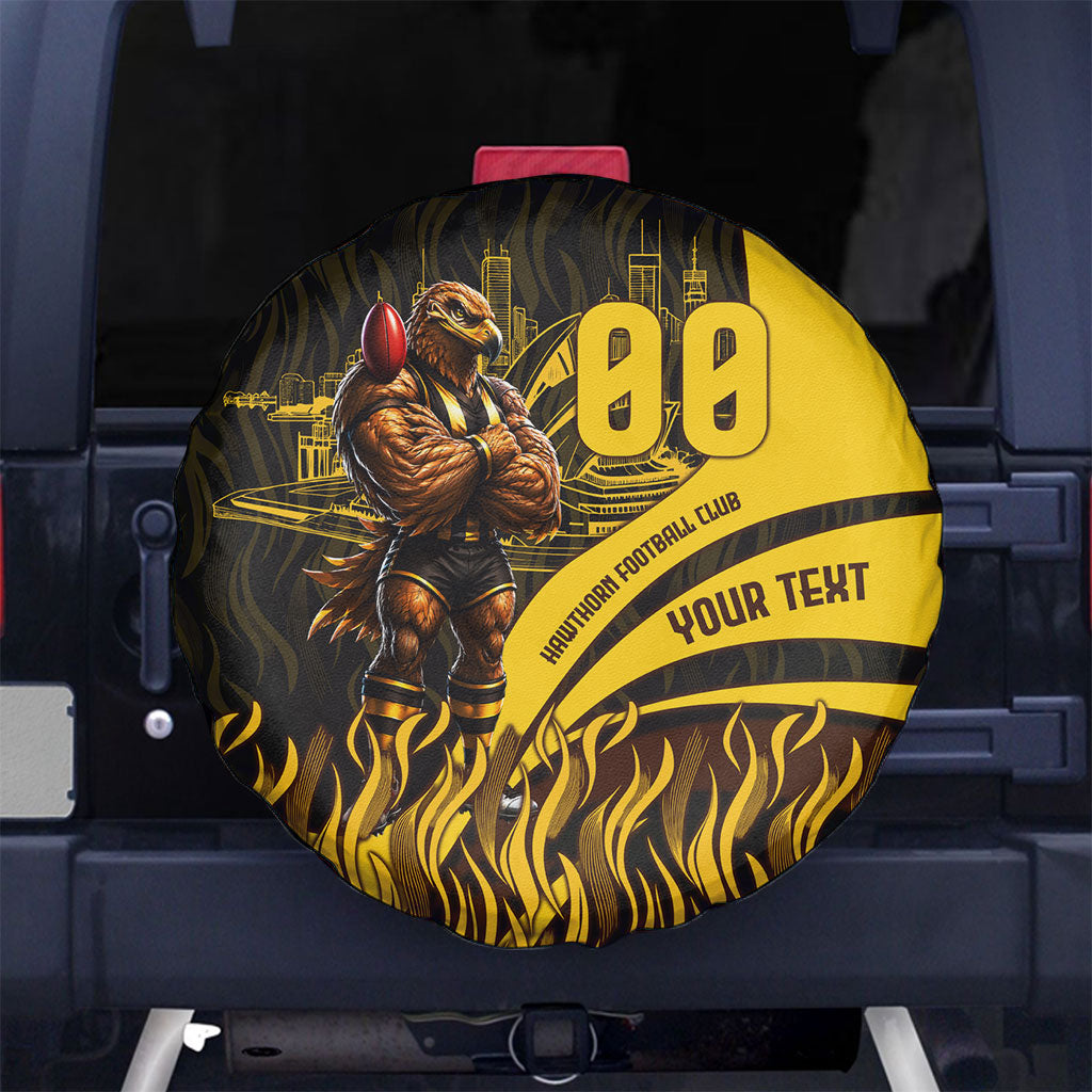 Personalised Hawthorn Hawks Football Spare Tire Cover Australian City Skyline Graphic Fierce Mascot Art