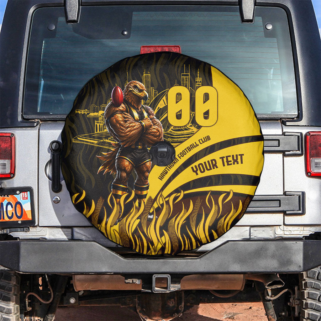 Personalised Hawthorn Hawks Football Spare Tire Cover Australian City Skyline Graphic Fierce Mascot Art