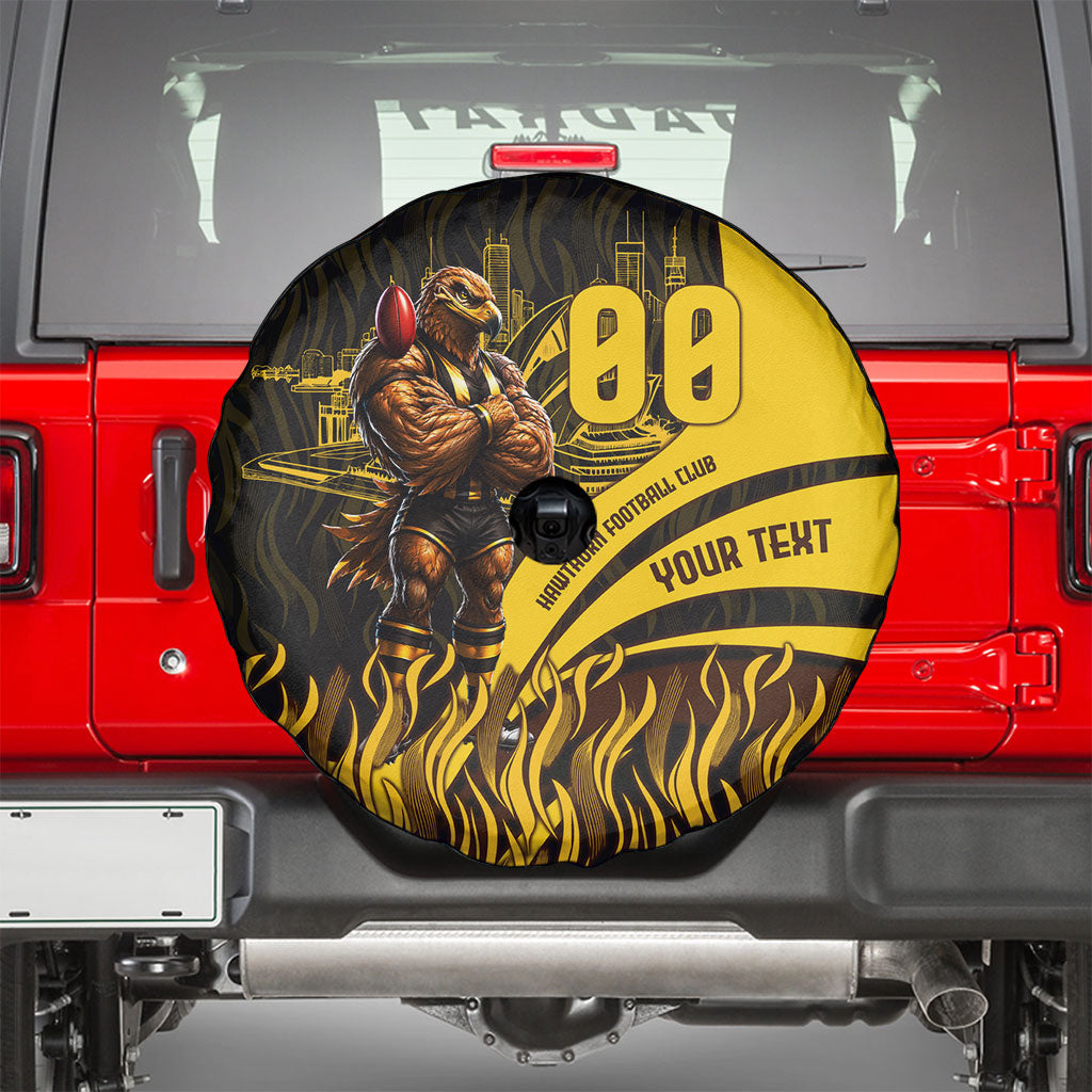 Personalised Hawthorn Hawks Football Spare Tire Cover Australian City Skyline Graphic Fierce Mascot Art