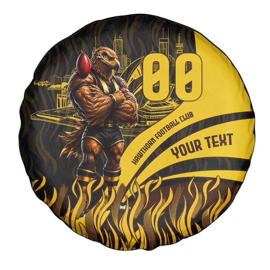 Personalised Hawthorn Hawks Football Spare Tire Cover Australian City Skyline Graphic Fierce Mascot Art